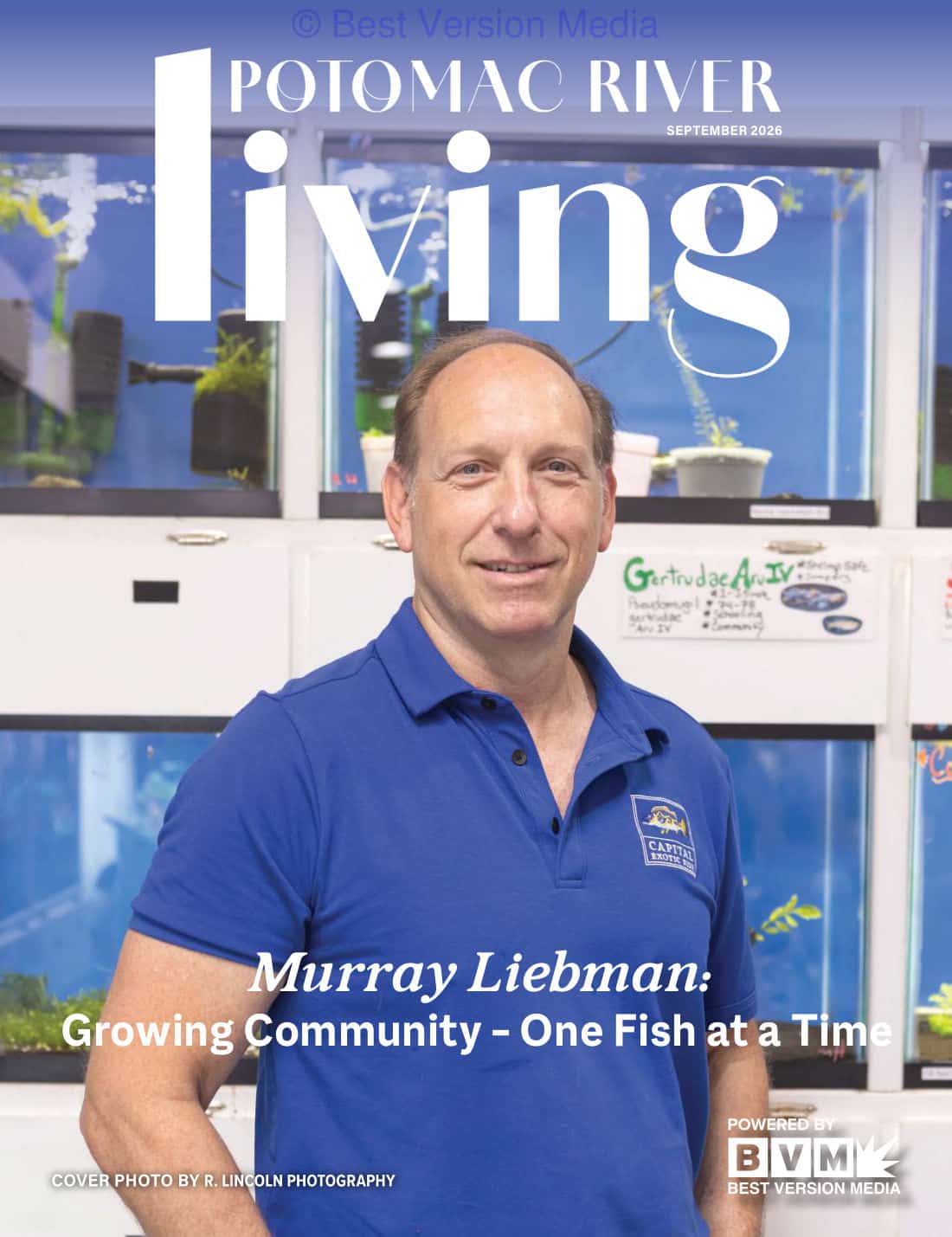 Potomac River Living, September 2026: Murray Liebman on the cover in front of the shop's tanks